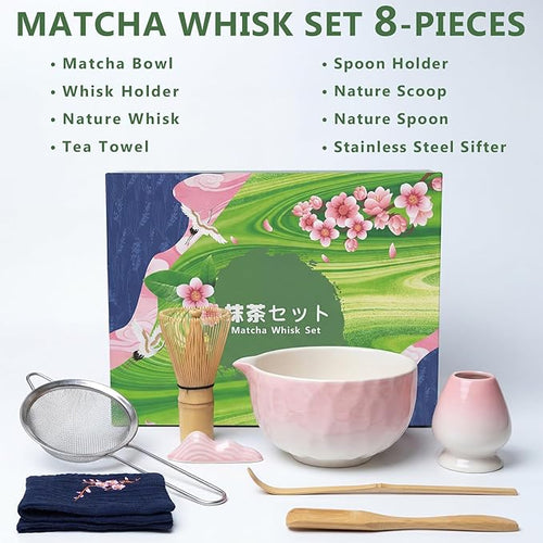 8 Pcs Matcha Whisk Set, Complete Ceramic Matcha Set Includes Bowl & Holder, Whisk, Scoop, Spoon, Tea Towel and Stainless Steel Sifter, Perfect Kit for Matcha Lovers (Pink)