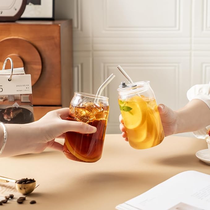 Leakproof Glass Cups with Plastic Lids and Straws, 16oz Iced Coffee Cup, Drinking Glasses Tumbler for Water, Boba Tea, Smoothie - 20pcs