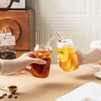 Leakproof Glass Cups with Plastic Lids and Straws, 16oz Iced Coffee Cup, Drinking Glasses Tumbler for Water, Boba Tea, Smoothie - 12pcs