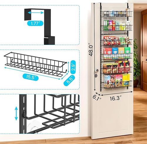 6-Tier Pantry Door Oragnizer, Over The Door Pantry Organizer Rack and Storage, Hanging Spice Rack Shelves Door, Home Office Laundry Room Bathroom & Kitchen Organization Essentials Metal