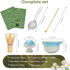 Matcha Set, 5Pcs Ceramic Matcha Set including Daisy Matcha Bowl and Mushroom Whisk Holder, Bamboo Whisk, Scoop, Sifter - Thoughtful Matcha Whisk Set Gift for Matcha Lovers, Blue