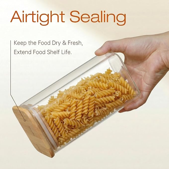 Square Glass Jars with Bamboo Lids 53 FL OZ [Set of 4], Glass Canisters with Airtight Lid, Glass Food Storage Containers for Pasta, Cereal, Coffee, Flour, Sugar, Best for Kitchen & Pantry