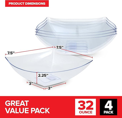 32oz Clear Plastic Serving Bowls (4 Pack) Medium Candy Dishes, Square Plastic Buffet Containers for Chips, Snacks, Mints, Salad Bar, Snack Bowl Parties, Office, Bridal Shower, Party Supplies