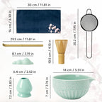Matcha Whisk Set, Ceramic Matcha Set with Bowl, Bamboo Whisk, Scoop, Strainer, Scoop Rest, Holder, Cloth + Instruction Handbook – Traditional Japanese Tea Ceremony Kit