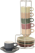 Gibson Home Brew Harmony 13 Piece Espresso Cup Set with Metal Rack, Stoneware Espresso Cups & Saucers, Solid Color Stackable Coffee Set, Café Style, Dishwasher & Microwave Safe