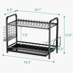 GSlife Dish Drying Rack, 2 Tier Rust-Resistant Dish Rack with Drainboard Compact Dish Drainer with Utensil Holder, Cutting Board Holder for Kitchen Counter, Black