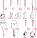 18/0 Stainless Steel Cooking Utensils Set, Heavy Duty Pink Handle for Kitchen Daily Use Party Wedding Housewarming, Dishwasher Safe, 9 Pieces