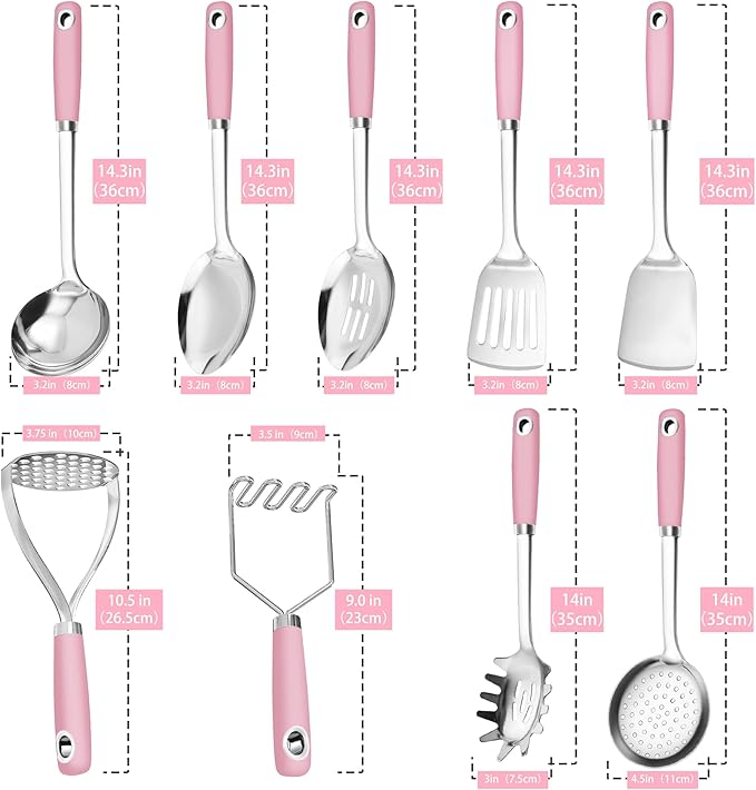 18/0 Stainless Steel Cooking Utensils Set, Heavy Duty Pink Handle for Kitchen Daily Use Party Wedding Housewarming, Dishwasher Safe, 9 Pieces