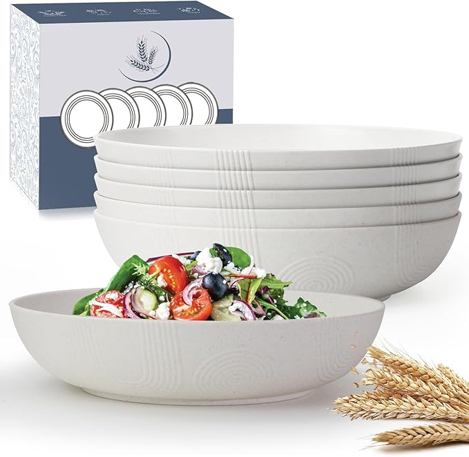 Wrova 10inch Wheat Straw Salad Bowls Set of 6 - Unbreakable Large Serving Bowls Microwave & Dishwasher Safe for restaurant - Big Plastic Bowls for Cereal,Salad - White Series