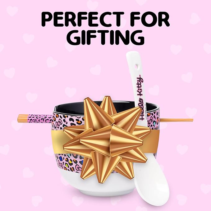 Silver Buffalo Sanrio Hello Kitty Pink Leopard Print Ceramic Ramen Noodle Rice Bowl with Chopsticks and Spoon, Microwave Safe, 20 Ounces