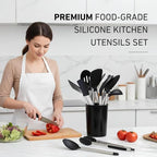 Silicone Kitchen Utensils Set 33 PCS Heat Resistant Food Grade Silicone Utensils Set for Cooking with Stainless Steel Handles BPA Free Kitchen Gadgets Tools Set with Holder for Nonstick Cookware Black