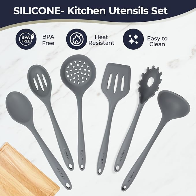 Culinary Couture Grey Silicone Kitchen Utensils Set of 6, Non-Stick Heat-Resistant Silicone Kitchen Utensils Set with Steel Inner Core