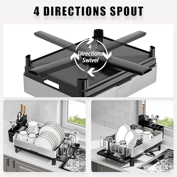 Ewaiira Dish Drying Rack, 304 Stainless Steel Dish Racks for Kitchen Counter, Dish Drainers with Automatic Drainage, Utensil Holder & Cups Holder, Space Saving Kitchen Organizer, Black 16.5''x12.6''
