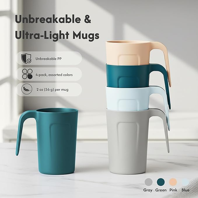 zoeynex Reusable Plastic Cups (12 oz) - Set of 4 | Unbreakable Plastic Coffee Mugs with Handles | Dishwasher and Microwave Safe | BPA Free & Eco-Friendly | Ideal Drinking Cups for Kitchen