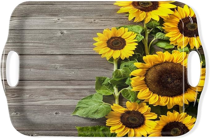 Serving Tray Decorative Tray with Handles Multi-Purpose Rectangular Serving Trays for Restaurant, Parties, Coffee Table, Kitchen - Sunflower Wood Grain Background