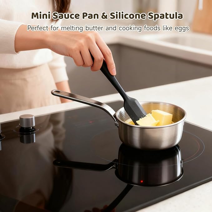 2 Pcs Mini Sauce Pan and Silicone Spatula Set, 5 in Stainless Steel Butter Warmer, Nonstick Frying Pan, No Coating Egg Pan with Spatula, 304 Steel Small Cooking Pot for Single Portion, All Stoves