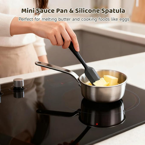 2 Pcs Mini Sauce Pan and Silicone Spatula Set, 5 in Stainless Steel Butter Warmer, Nonstick Frying Pan, No Coating Egg Pan with Spatula, 304 Steel Small Cooking Pot for Single Portion, All Stoves