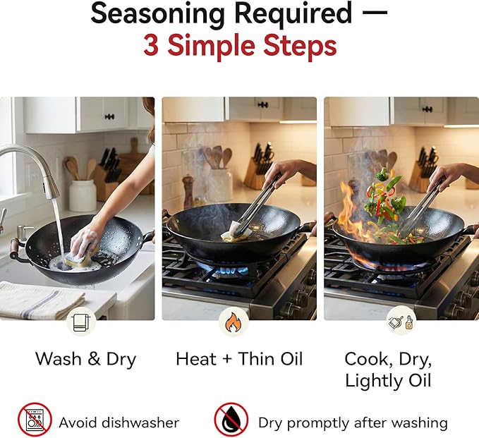 WANGYUANJI 14.17” Cast Iron Wok with Glass Lid – Traditional Round Bottom Chinese Wok for Gas Stove & Open Flame (Wok Ring Required) – Uncoated Clay-Mold “Turtle Shell” Texture – Seasoning Needed