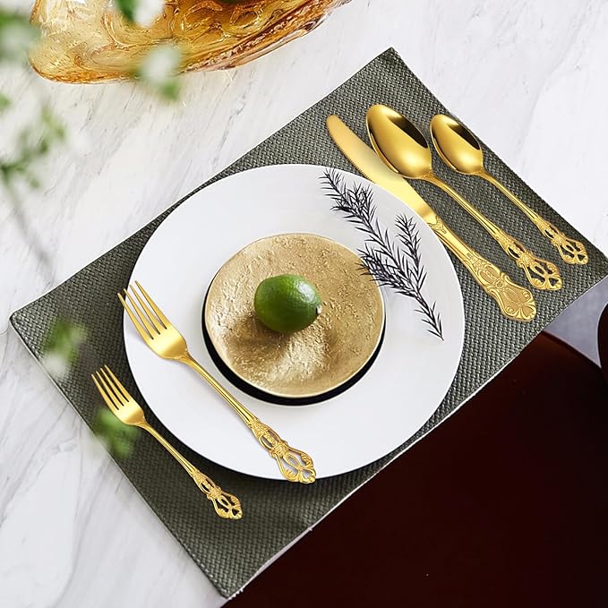 20 Pieces Gold Gorgeous Retro Silverware Set For 4, Flatware Set 18/0 Stainless Steel,Service for 4,Anti-rust Dark Utensils Fork Spoon Knife,Antique Baroque Style Cutlery Set,Dishwasher Safe