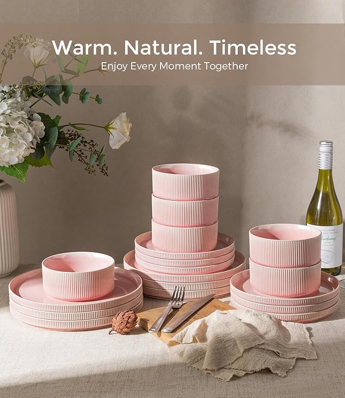 GBHOME 12-Piece Stoneware Dinnerware Set for 4 – Ribbed Ceramic Plates and Bowls, Scratch-Resistant, Microwave & Dishwasher Safe, Reactive Glaze, Blush Veil
