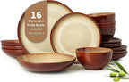 Pokini 16 Piece Double Bowl Plates and Bowls Sets, Ceramic Dinnerware Sets with Pasta Bowls, Dishwasher & Microwave Safe Dish Set, Scratch Resistant Stoneware Plate Set, Service for 4 Brown Yellow