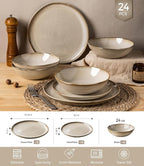 GBHOME Stoneware Dinnerware Sets for 8, 24 Pieces Rustic Ceramic Plates and Bowls Set, Handmade Reactive Glaze Plate Sets, Highly Chip Resistant Dishes, Microwave & Dishwasher Safe, Oatmeal Linen
