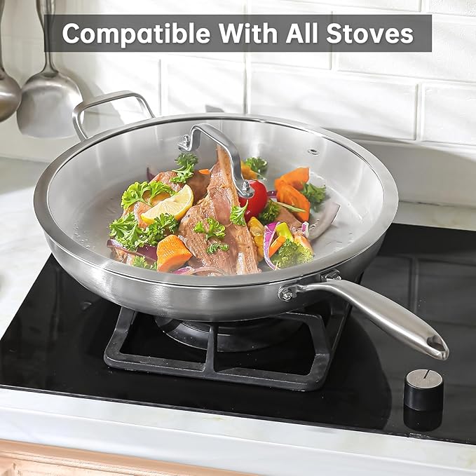 DELARLO Tri-ply Stainless Steel Kitchen Cookware Frying Pan Set with Lid 12" 14" Induction large Skillets Chef's Pan,Pots and Pans Set Kitchen Cookware Set Suitable for All Stove