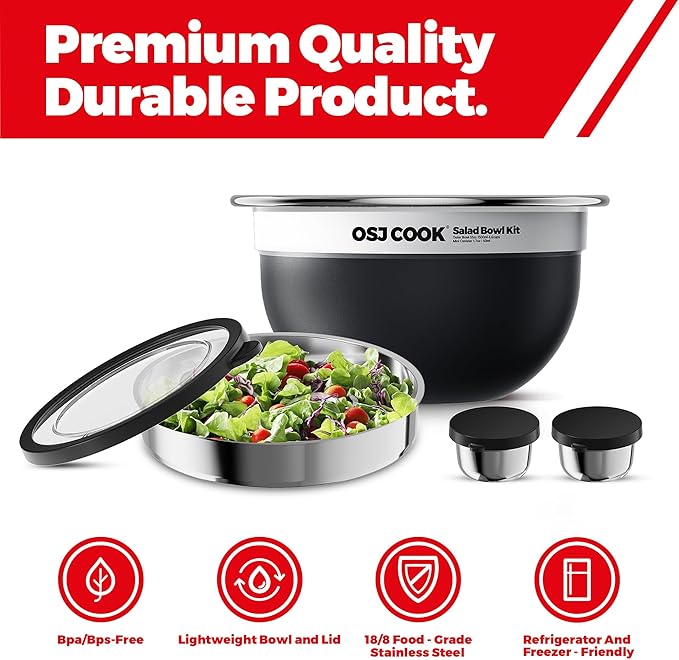 18/8 Stainless Steel Salad Bowl Kit - 74oz, Salad Bowls to go for Lunch, Comes with 1.7oz Condiment Container and Removable Tray for Organization - Leak-Proof, Dishwasher Safe (Black)