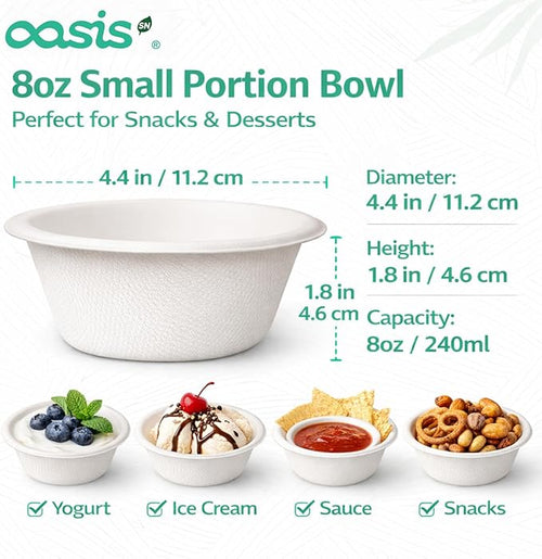 8 oz 128-Pack Compostable Paper Bowls, Small Disposable Dessert & Snack Bowls, Heavy-Duty Bagasse Bowls for Ice Cream, Sauce & Kids Meals, Microwave & Freezer Safe, Eco-Friendly (White)
