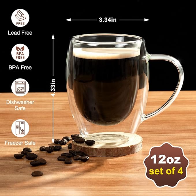 FrutPunch Double Walled Glass Coffee Mugs, Glass Coffee Mugs Set Of 4, Glass Coffee Cups with Handles, 12OZ, Suitable for Cappuccino, Latte, Espresso, Hot Drinks, Cold Drinks