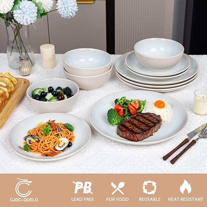 Plates and Bowls Sets for 4 - CJDC-QUELO 12-Piece Stoneware Dinnerware Sets, Ceramic Dishware Set for Kitchen Use and Formal Dining, Chip and Scratch Resistant Microwave Dishwasher Safe, Off White
