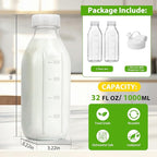 CUCUMI Moretoes 32 Oz Glass Milk Bottle with Reusable Strong Airtight Screw Lid, Reusable Glass Juice Bottles, Water Jug Breast Milk Pitcher, Buttermilk, Nut, Juice, Syrup, Coffee Creamer (2 Pack)