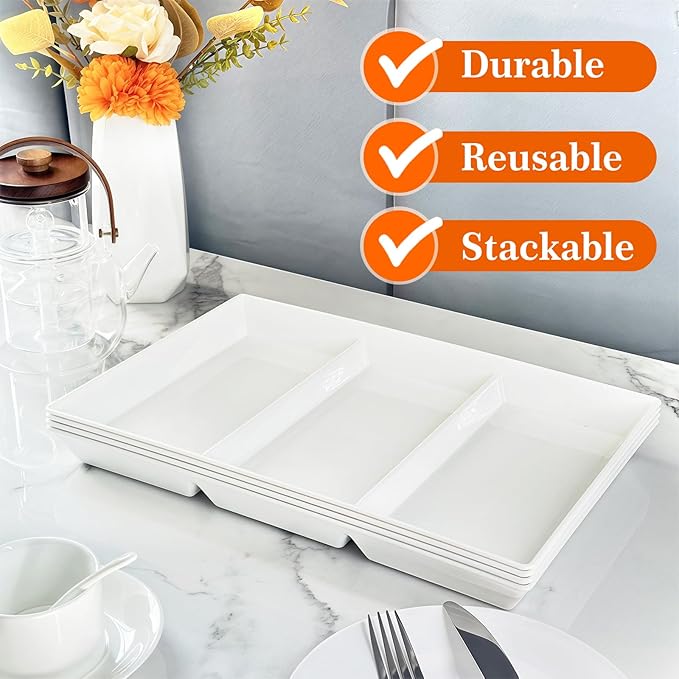 Divided Serving Tray Platter, 8 Pack 15" x 10" Fruit Veggie Food Tray for Party, Plastic Serving Trays for Appetizer, Snack, Dessert, Cookie, Brunch Decorations Platters, White Trays BPA-Free