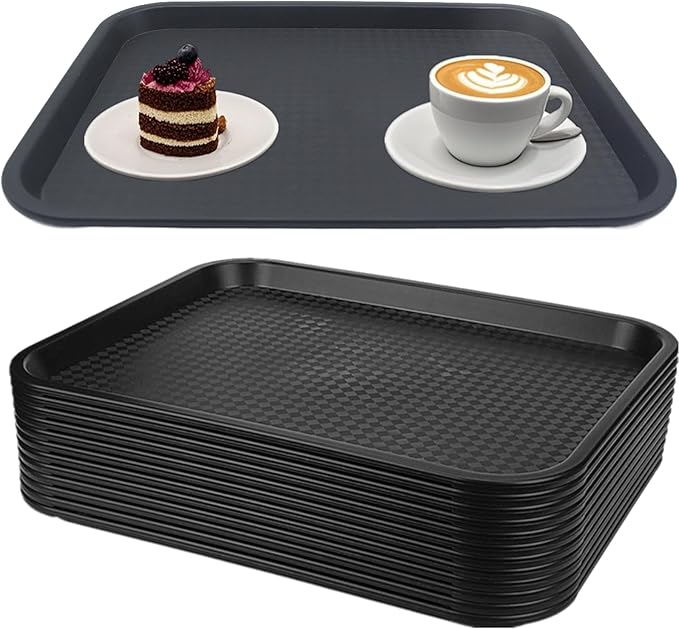 12 Pack Cafeteria Trays, 13 x 10 Inch Plastic Fast Food Serving Trays, Restaurant Black Stackable Serving Platter for Kitchen, Party, Dining