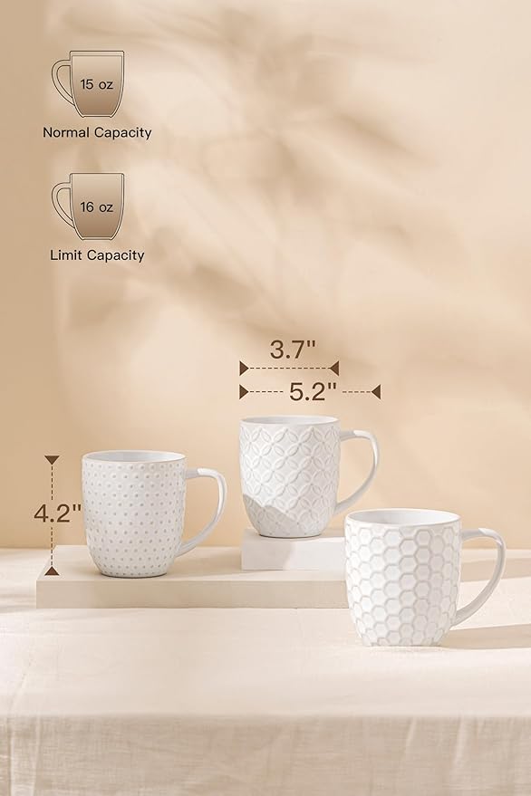 FOBENTA Ceramic Coffee Mugs Set of 4, 16 oz Coffee Cups with Embossed Design – Perfect for Latte, Tea & Cocoa, Gift for Women, Mom & Friends