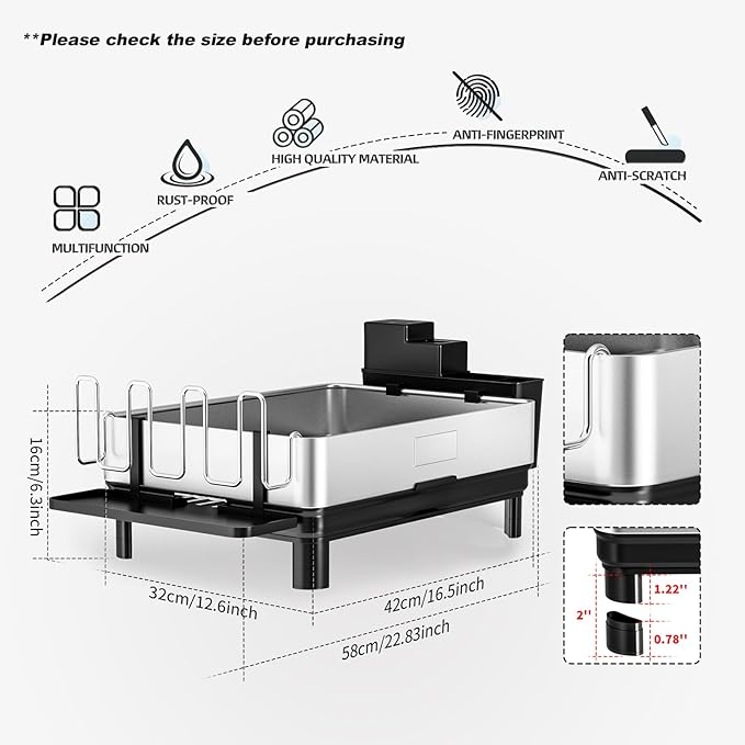 Ewaiira Dish Drying Rack, 304 Stainless Steel Dish Racks for Kitchen Counter, Dish Drainers with Automatic Drainage, Utensil Holder & Cups Holder, Space Saving Kitchen Organizer, Black 16.5''x12.6''