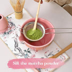 Matcha Whisk Set, 8 Pcs Matcha Kit Includes Matcha Bowl with Spout, Bamboo Whisk, Ceramic Holder, Bamboo Scoop x2, Scoop Rest, Stainless Sifter and Tea Towel, Gift for Matcha Lover (Pink)