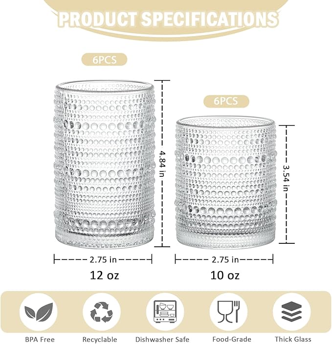 Hobnail Drinking Glasses Set of 12, 12 oz Highball Glassware & 10 oz Cocktail Glasses, Vintage Embossed Beaded Glass Cups for Kitchen,Beer,Soda, Whiskey,and Beverages,Dishwasher Safe
