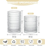 Hobnail Drinking Glasses Set of 12, 12 oz Highball Glassware & 10 oz Cocktail Glasses, Vintage Embossed Beaded Glass Cups for Kitchen,Beer,Soda, Whiskey,and Beverages,Dishwasher Safe