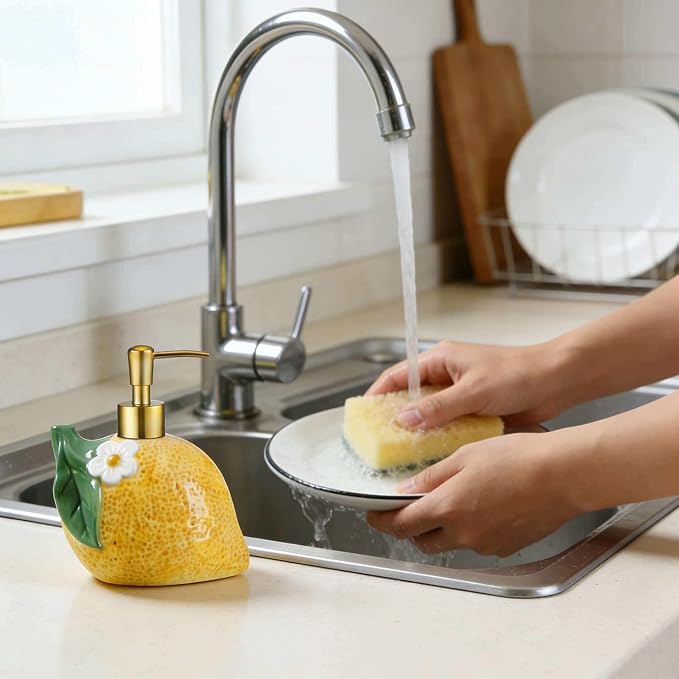 RQYIXI 17 OZ Lemon Ceramic Soap Dispenser with ABS Pump,Refillable Liquid Bathroom soap Dispenser for Lotion ,Body Wash ,Cute Kitchen Soap Dispenser for Dish Soap,Hand Soap