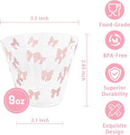 I00000 200 Pcs 9 oz Clear Plastic Cups with Pink Bow, Clear Disposable Cups Wine Glasses Cocktail Glasses Premium Cup Perfect for Wedding, Birthday & Party