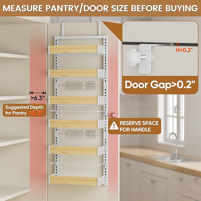 6 Tier Over The Door Pantry Organizer, 2-in-1 Door Hanging or Wall Mounted Spice Rack, Large Heavy Duty Pantry Door Storage Seasoning Shelves with Adjustable Basket for Kitchen Bathroom Closet
