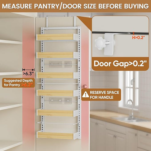 6 Tier Over The Door Pantry Organizer, 2-in-1 Door Hanging or Wall Mounted Spice Rack, Large Heavy Duty Pantry Door Storage Seasoning Shelves with Adjustable Basket for Kitchen Bathroom Closet