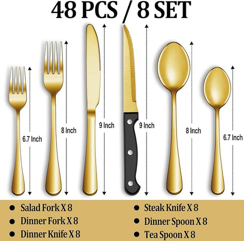 48 Pcs Gold Silverware Set with Steak Knives, Stainless Steel Flatware Cutlery Set Service for 8, Kitchen Tableware Sets, Utensil Sets for Home and Restaurant, Knives Forks Spoon, Dishwasher Safe
