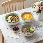 QINLANG Large Soup Bowls, Pho & Ramen Set of 3, 60 oz Blue & White Porcelain Big Bowls - Striped Pattern