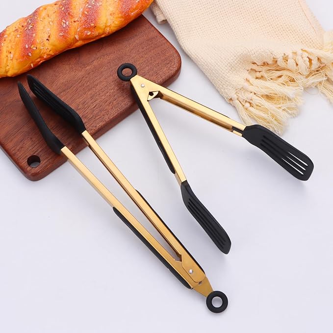 2-Piece Kitchen Spatula Tongs Food Serving Tongs 9" and 12" Cooking with BPA Free Silicone Tips, Toaster Steak Pie Pizza Pasta Spaghetti Noodles Salad Grill BBQ Buffet Clamp Serving Tools(Gold)