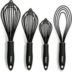 Anaeat Silicone Kitchen Whisk Set of 4, Perfect for Non-Stick Cookware, Egg Beater Milk Blender for Whisking, Cooking, Baking, Beating - 11'' Flat Whisk and 9''+11''+12'' Balloon Whisks (Black)