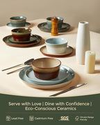 Pokini Plates and Bowls Sets for 8, Ceramic Dinnerware Sets, Kitchen Dish Set, Microwave & Dishwasher Safe Dishware, Highly Durable Handcrafted Dinner Set, Brown Green