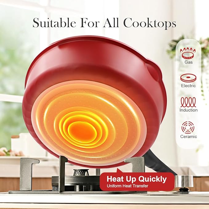 Small Frying Pan Nonstick, 8 Inch Non Stick Egg Skillet, Omelette Pan Non Toxic, Mini Pans for Cooking, Induction Cookware, Compatible with All Stoves, Detachable Handle, Oven Safe, Red