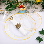 DaYammi 350PCS Clear Gold Plastic Dinnerware Set for 50 Guests Gold Plates Disposable Include: 50 Dinner Plates, 50 Dessert Plates,50 Pre Rolled Napkins with Gold Silverware,50 Cups for Party Wedding